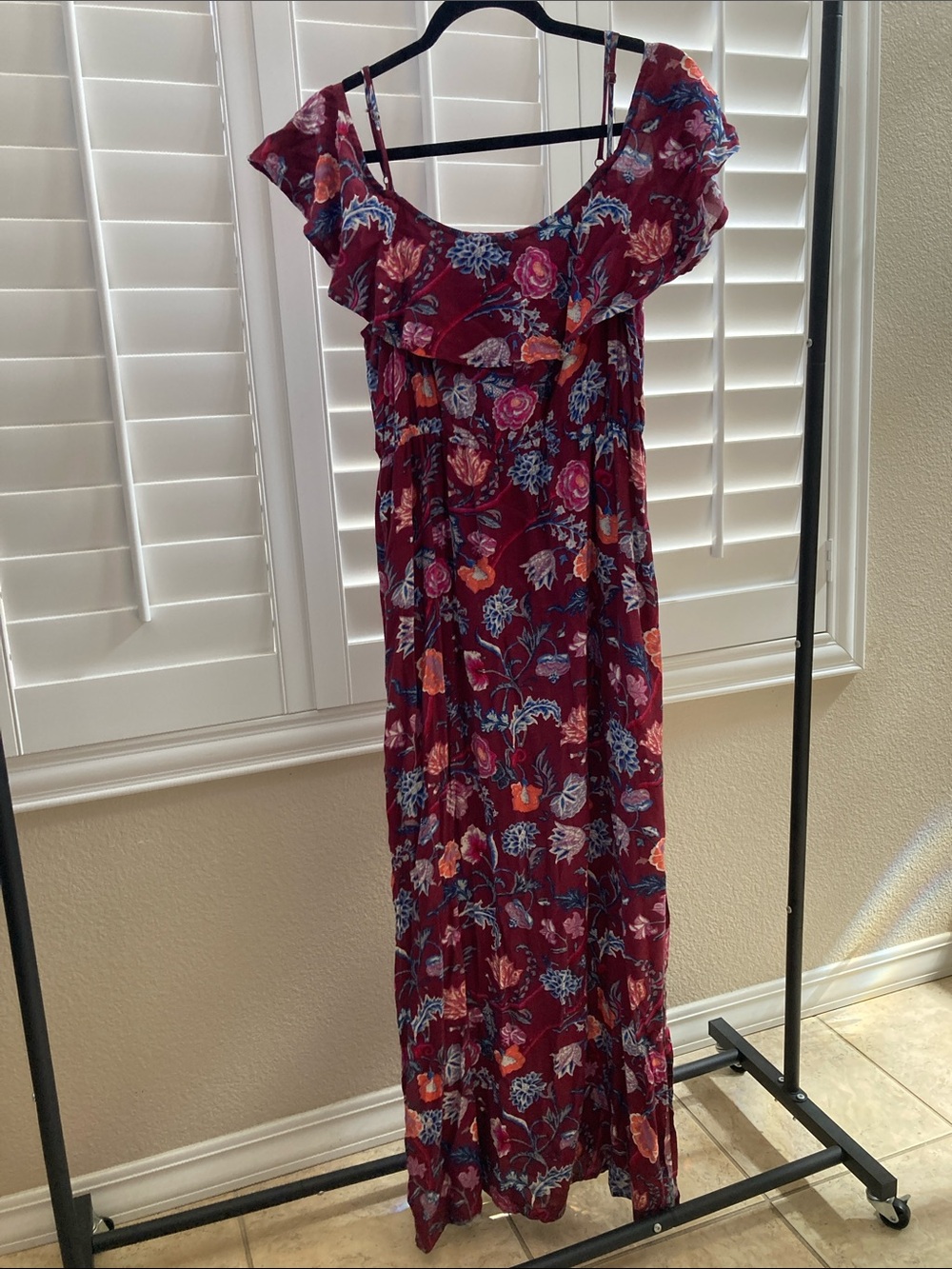 Lucky Brand Floral Off-Shoulder Maxi Dress - Burgundy